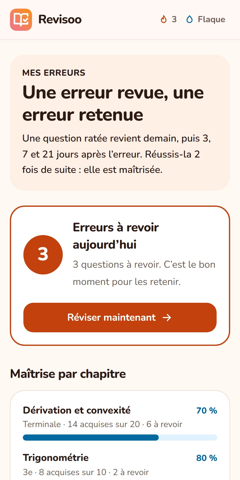 Page « Mes erreurs » : les erreurs à revoir aujourd’hui et la maîtrise de chaque chapitre.