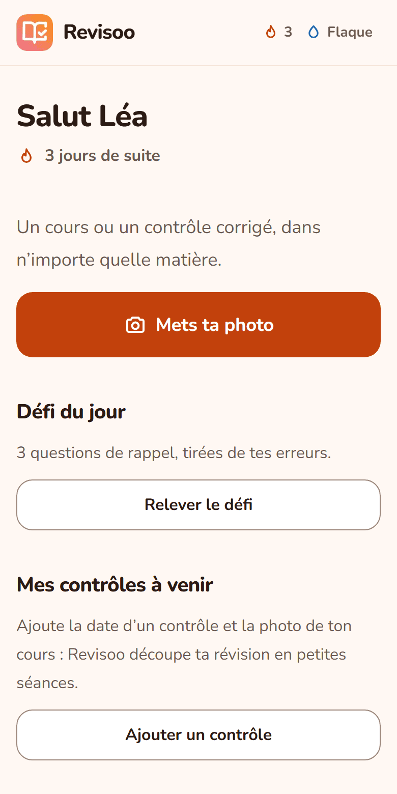 Écran d’accueil de l’appli : un gros bouton « Mets ta photo », le défi du jour et les contrôles à venir.