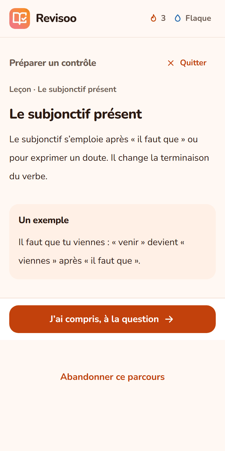 Écran d’un mini-cours : le texte du cours, un exemple dans un encadré, puis le bouton « J’ai compris, à la question ».