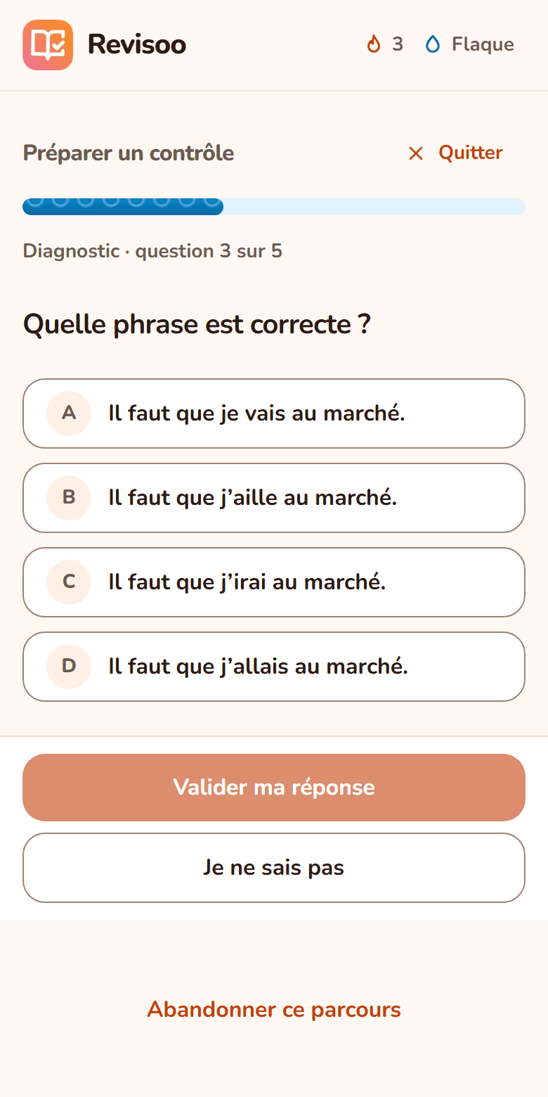 Écran d’une question à quatre choix de réponse, avec « Valider ma réponse » et « Je ne sais pas ».