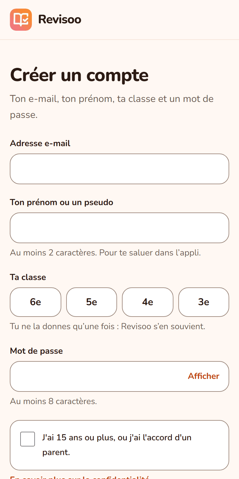 Page d’inscription : e-mail, prénom ou pseudo, classe, mot de passe.